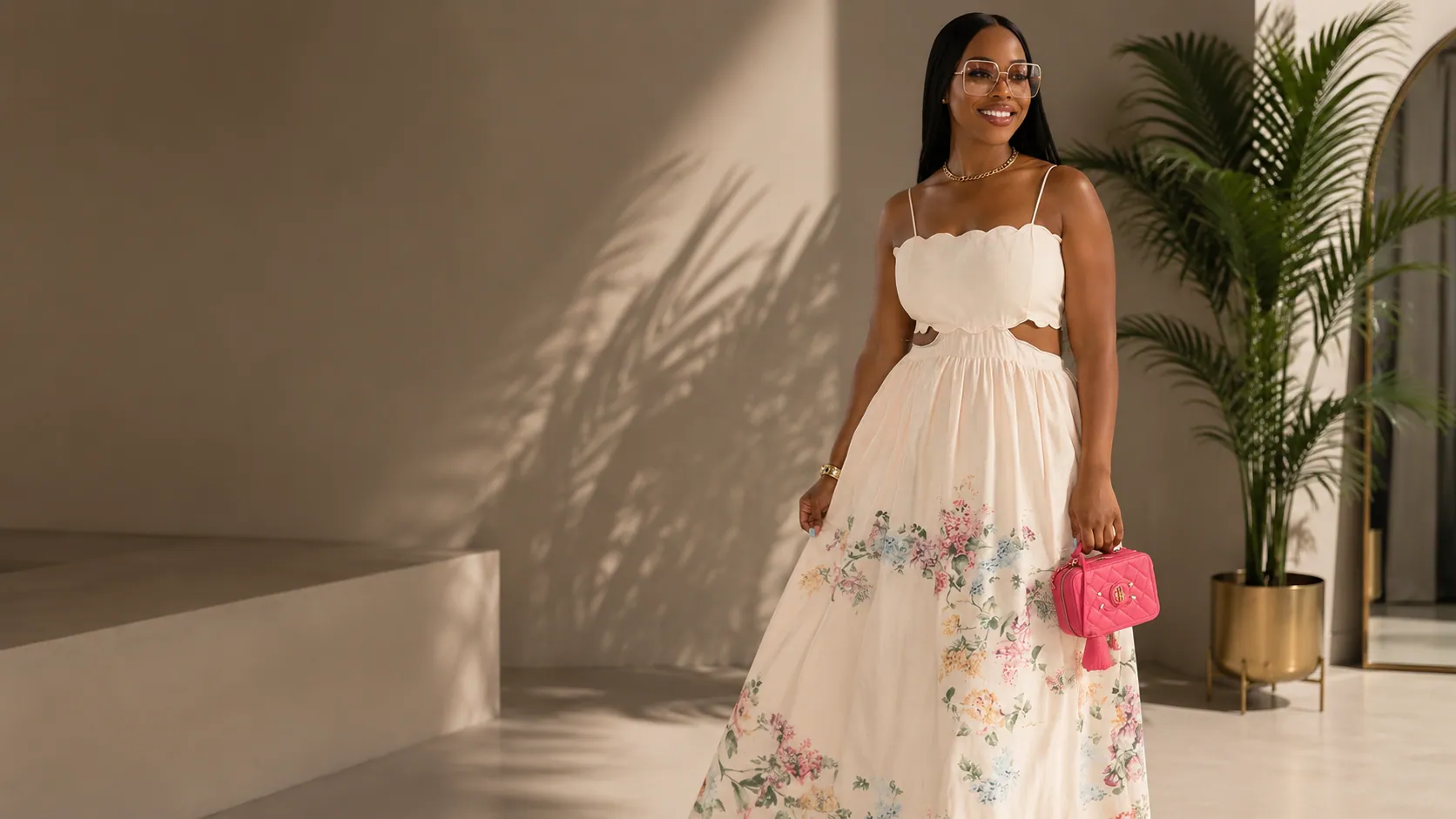 Model in cream floral maxi dress